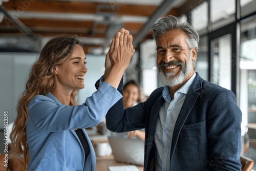 Happy middle aged man and woman giving high five celebrating success at office teamwork achievement corporate leadership business meeting professional executives collaboration