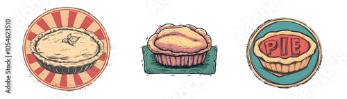 Three vintage pie illustrations featuring different designs and colors. photo