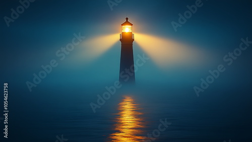 A tall lighthouse, lit brightly, stands in a foggy sea.