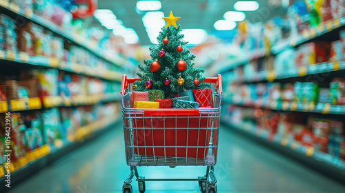 A shopping cart filled with a small Christmas tree and colorful presents sits in a supermarket aisle decorated for the holidays photo