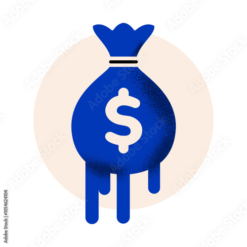 Blue Melting Money Bag. Financial Crisis Symbol. Minimal Design. Grunge Flat Illustration.