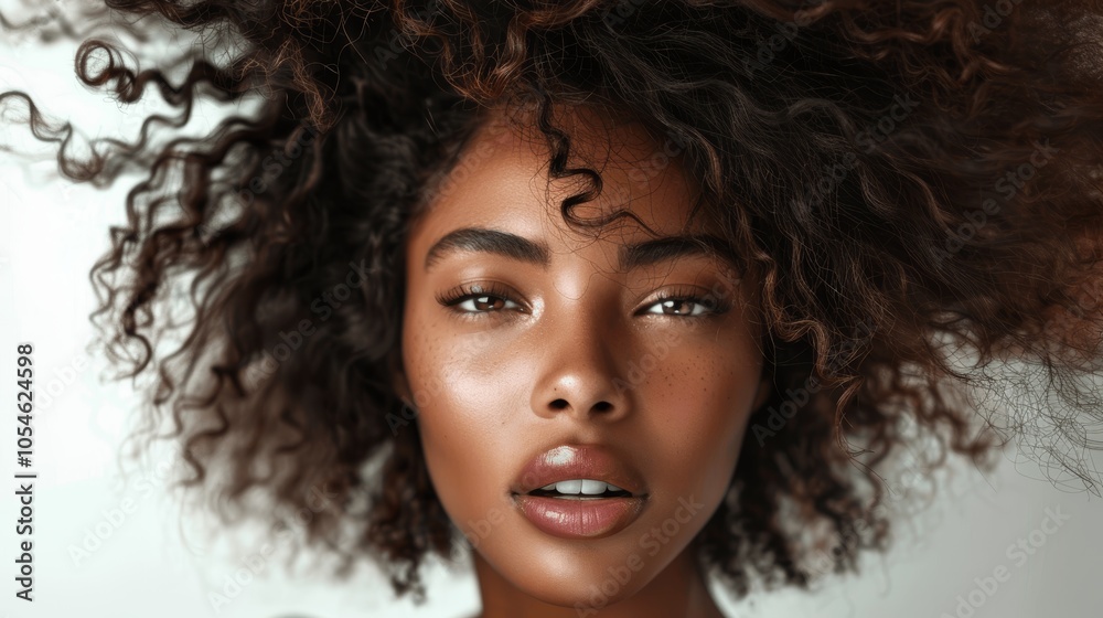 beautiful black woman with curly afro hair flying in wind close up portrait on white background studio shot for shampoo conditioner hair products ad beautiful black woman with curly afro hair flying in wind close up portrait on white background studio shot for shampoo conditioner hair products ad