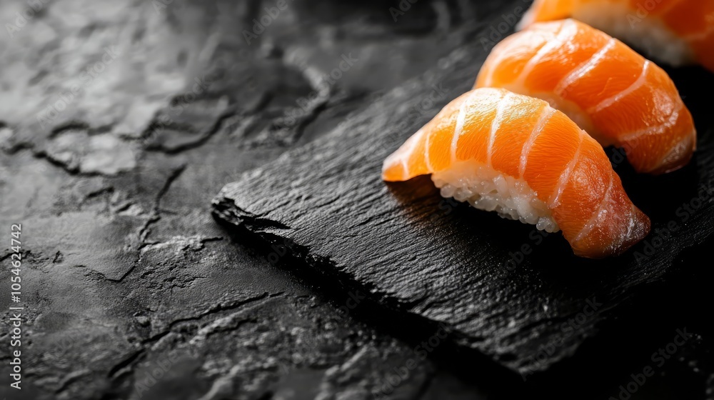 Salmon Nigiri on Black Slate Salmon Nigiri on Black Slate