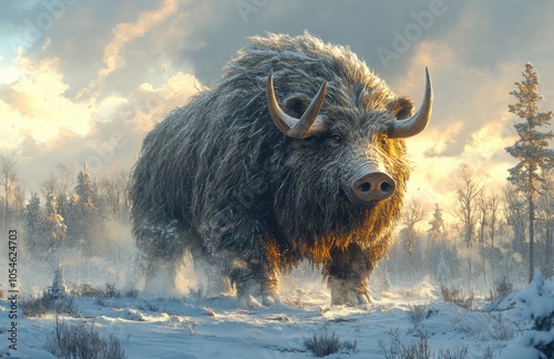 Majestic concept art of a prehistoric boar in snowy wilderness photo