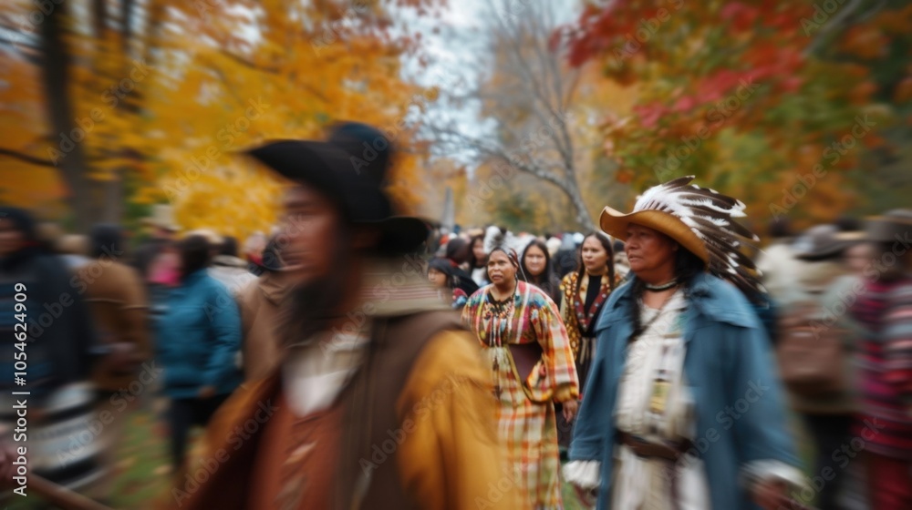Muddled view of pilgrims and Native Americans at a Thanksgiving reenactment. Muddled view of pilgrims and Native Americans at a Thanksgiving reenactment.