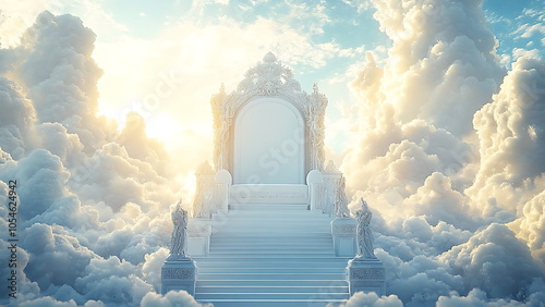 majestic white throne in the heaven surrounded by white clouds