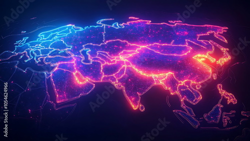 map of asia highlighted on neon light