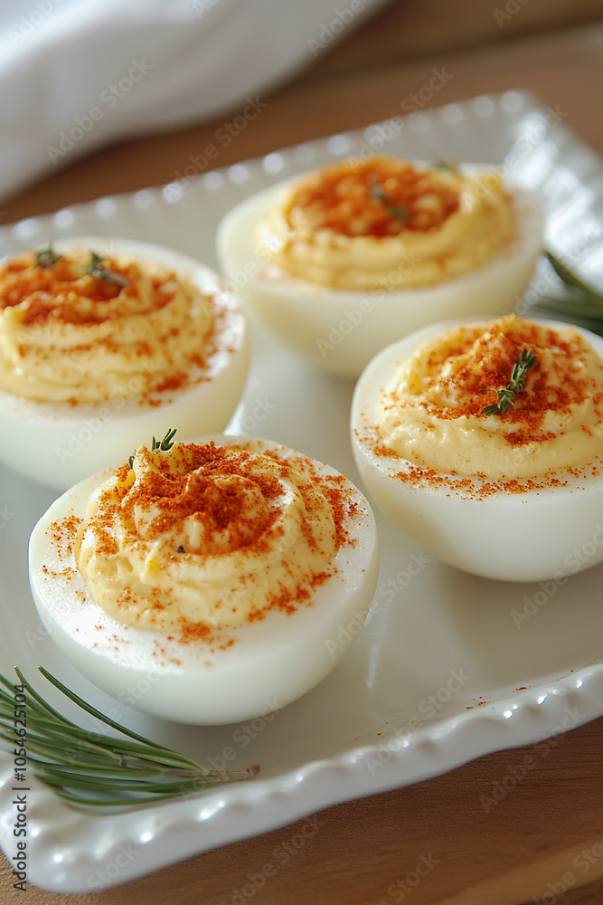 Delicious deviled eggs garnished with paprika and herbs on a decorative platter Delicious deviled eggs garnished with paprika and herbs on a decorative platter