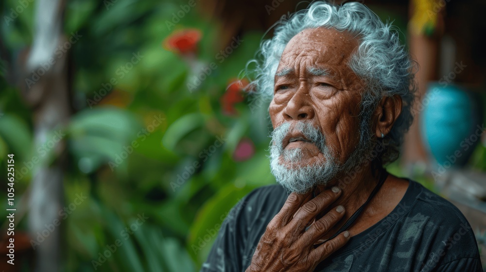 Elderly Man with White Hair and Beard Showing Panic Symptoms Holding Chest in Small Garden Surrounded by Greenery Elderly Man with White Hair and Beard Showing Panic Symptoms Holding Chest in Small Garden Surrounded by Greenery