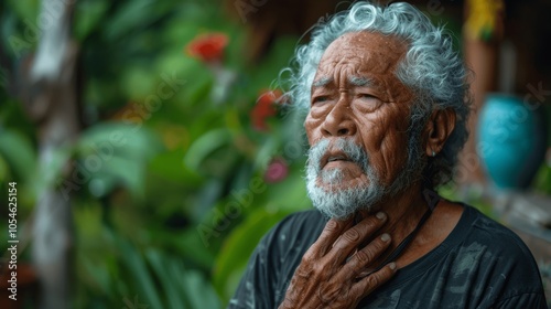 Elderly Man with White Hair and Beard Showing Panic Symptoms Holding Chest in Small Garden Surrounded by Greenery