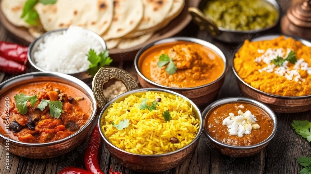 Vibrant Indian Cuisine with Dishes and Breads Vibrant Indian Cuisine with Dishes and Breads