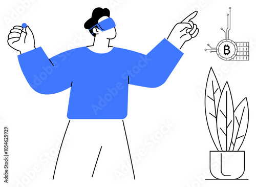 A person wearing a VR headset and holding a controller explores a virtual environment. A Bitcoin symbol and a potted plant are visible. Ideal for technology virtual reality cryptocurrency finance