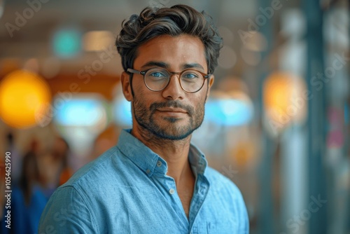 Professional Young Indian Businessman with Glasses Standing in Modern Office Holding iPad