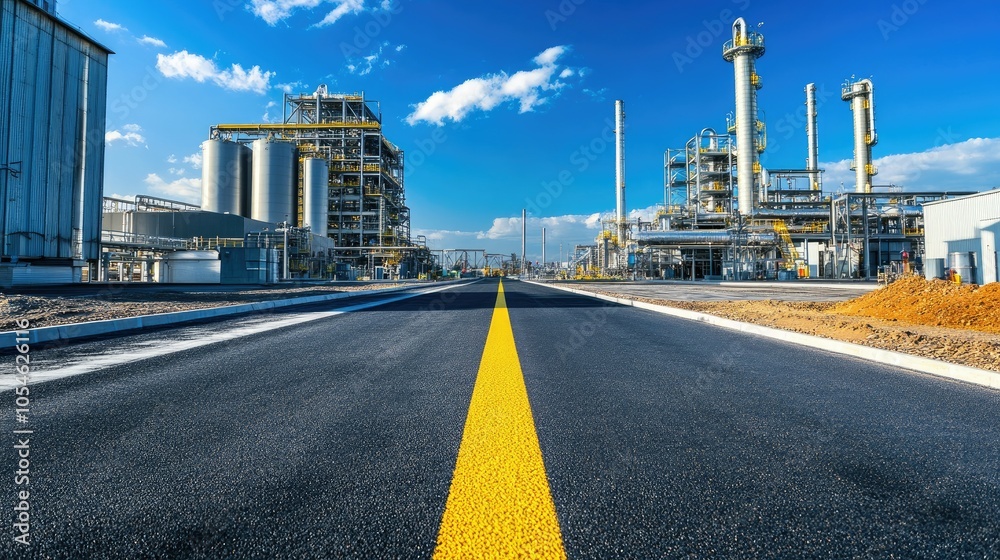 Naklejka premium Industrial Roadway with Refineries Under Blue Sky