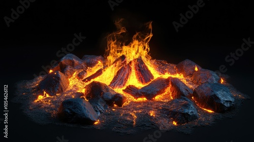 Glowing Flames in Darkness with Rocks Surrounding Fire