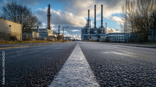 Industrial Landscape with Empty Road and Factory Background