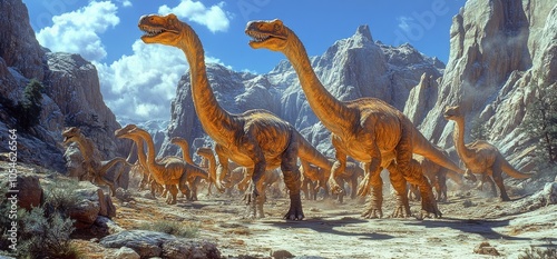 A herd of long-necked dinosaurs roam a prehistoric valley photo