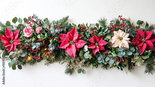 red and pink poinsettias, fresh eucalyptus, and berries, creating a perfect festive decoration for the Christmas holiday season