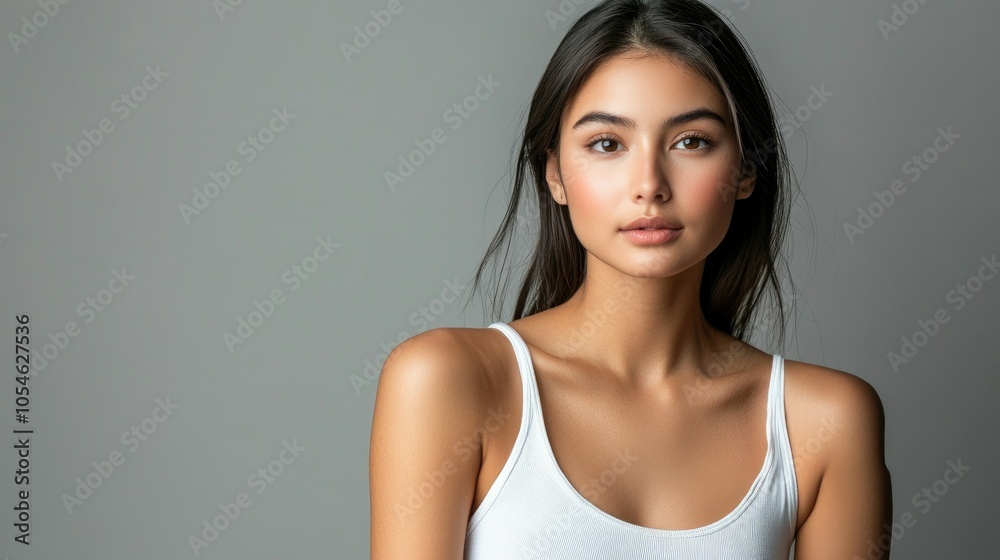 Beautiful woman in white T-shirt Female breast dark background Beautiful woman in white T-shirt Female breast dark background