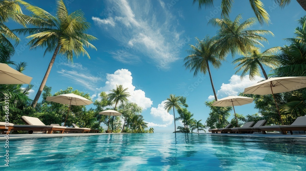 Serene Poolside Paradise with Palm Trees and Blue Sky Serene Poolside Paradise with Palm Trees and Blue Sky