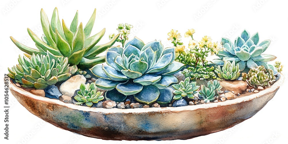 Fototapeta premium Watercolor illustration of a succulent garden in a rustic pot with stones.
