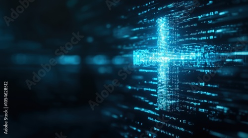 Digital cross symbol in a blue glowing environment with abstract data patterns.