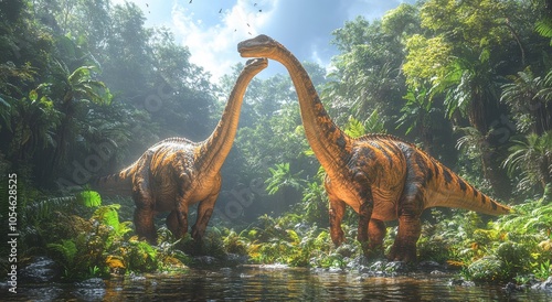 Fototapeta Naklejka Na Ścianę i Meble -  Two majestic brachiosaurus standing gracefully in a lush jungle setting