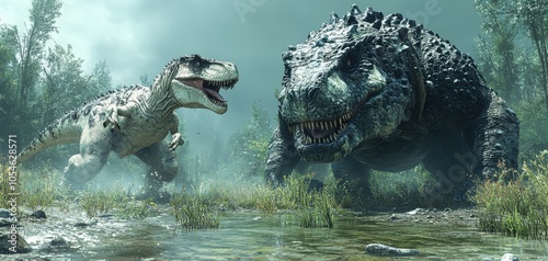 Fototapeta Naklejka Na Ścianę i Meble -  Two majestic dinosaurs engage in a fierce battle in lush greenery