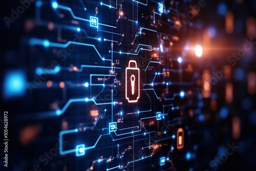 Digital security concept with circuitry and key symbol on dark background.