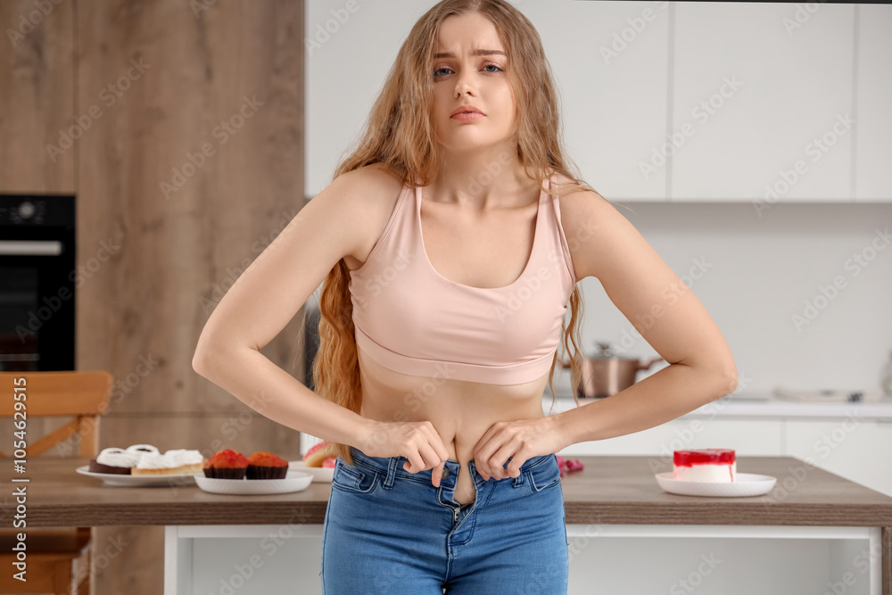 Young woman in tight jeans at home. Weight gain concept Young woman in tight jeans at home. Weight gain concept