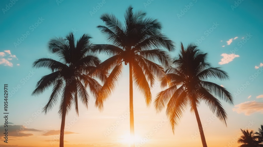 Obraz premium Serene Sunset Over Palm Trees by the Ocean