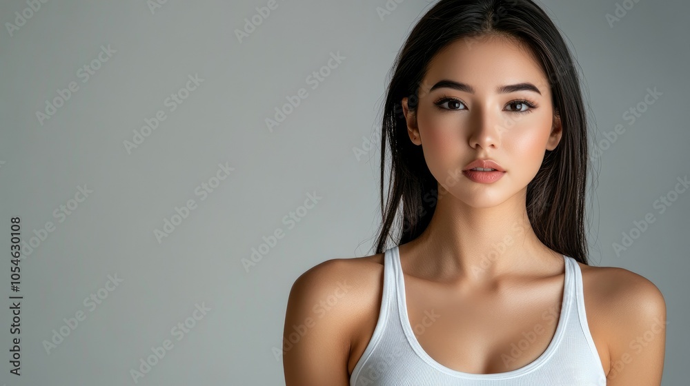 Beautiful woman in white T-shirt Female breast dark background Beautiful woman in white T-shirt Female breast dark background