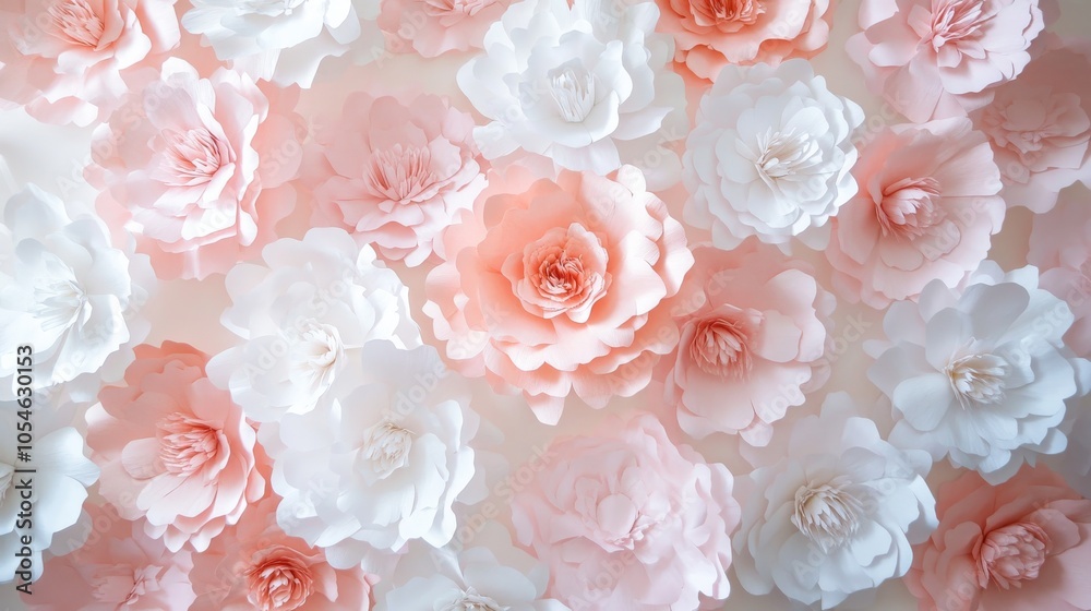 White and pink paper flowers close-up arrangement White and pink paper flowers close-up arrangement