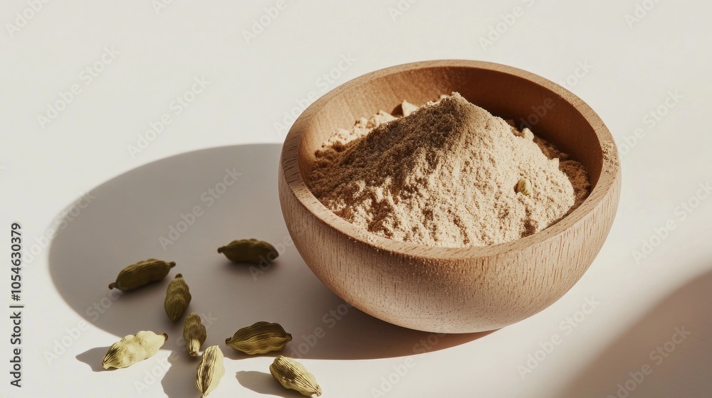 Ground Spices in Wooden Bowl on Light Surface Ground Spices in Wooden Bowl on Light Surface