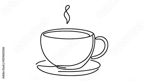 One continuous line illustration of a mug with a drink and steam, isolated on white background.