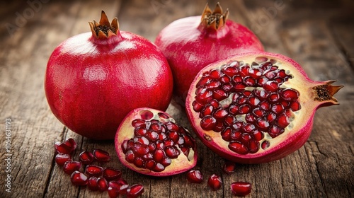 Fresh Pomegranates on Wooden Table