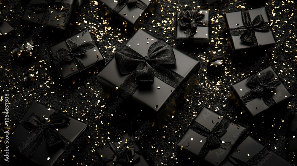 Stylish Black Gift Boxes on Glitter Background