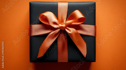 Elegant Black Gift Box with Orange Ribbon on Orange Background