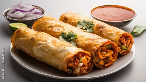 Crispy Rolled Indian Snacks with Spicy Sauce