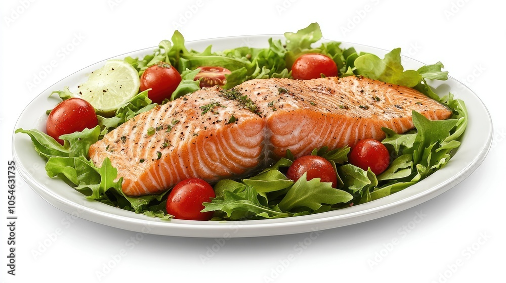 Fresh Salmon with Vegetables on a White Plate Fresh Salmon with Vegetables on a White Plate