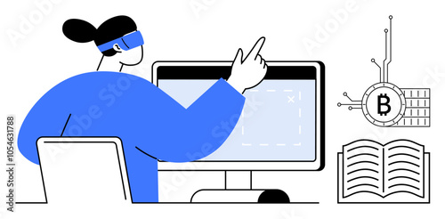 Person wearing a virtual reality headset interacting with a computer screen displaying data. A bitcoin symbol connected to circuits and an open book are visible. Ideal for technology, blockchain