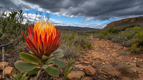 A vibrant orange and red protea flower blooms in a rocky, mountainous landscape.