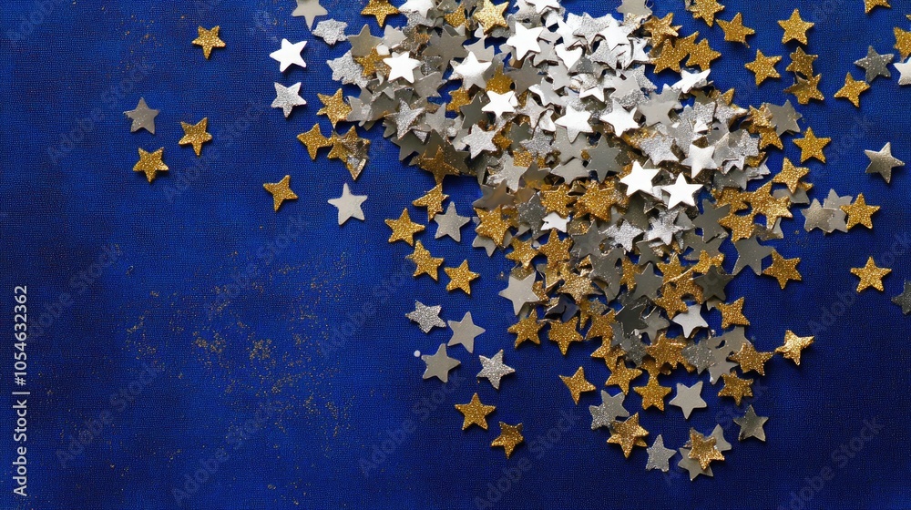 Glittering Star Confetti on Blue Background Glittering Star Confetti on Blue Background