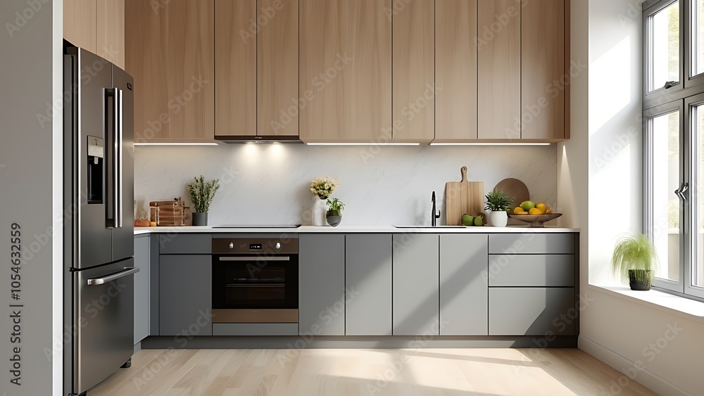 Luxury home kitchen interior with cooking cabinet and kitchenware, fridge Luxury home kitchen interior with cooking cabinet and kitchenware, fridge