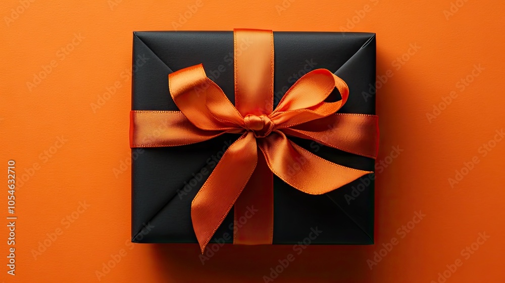 Elegant Black Gift Box with Orange Ribbon on Orange Background Elegant Black Gift Box with Orange Ribbon on Orange Background