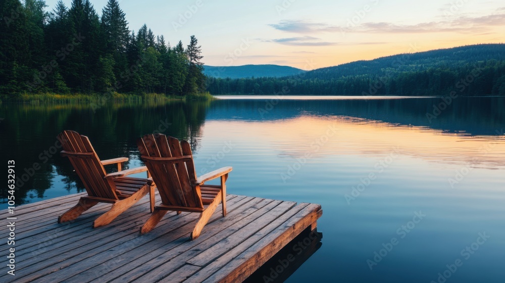 Serene Lakeview at Sunset with Wooden Chairs Serene Lakeview at Sunset with Wooden Chairs