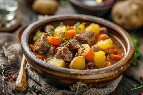 Rustic beef stew with root vegetables in a clay bowl