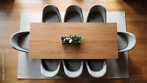 Top view of office meeting room interior with wooden table and chairs in row