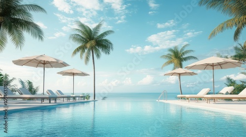 Serene Tropical Pool with Palm Trees and Sun Umbrellas