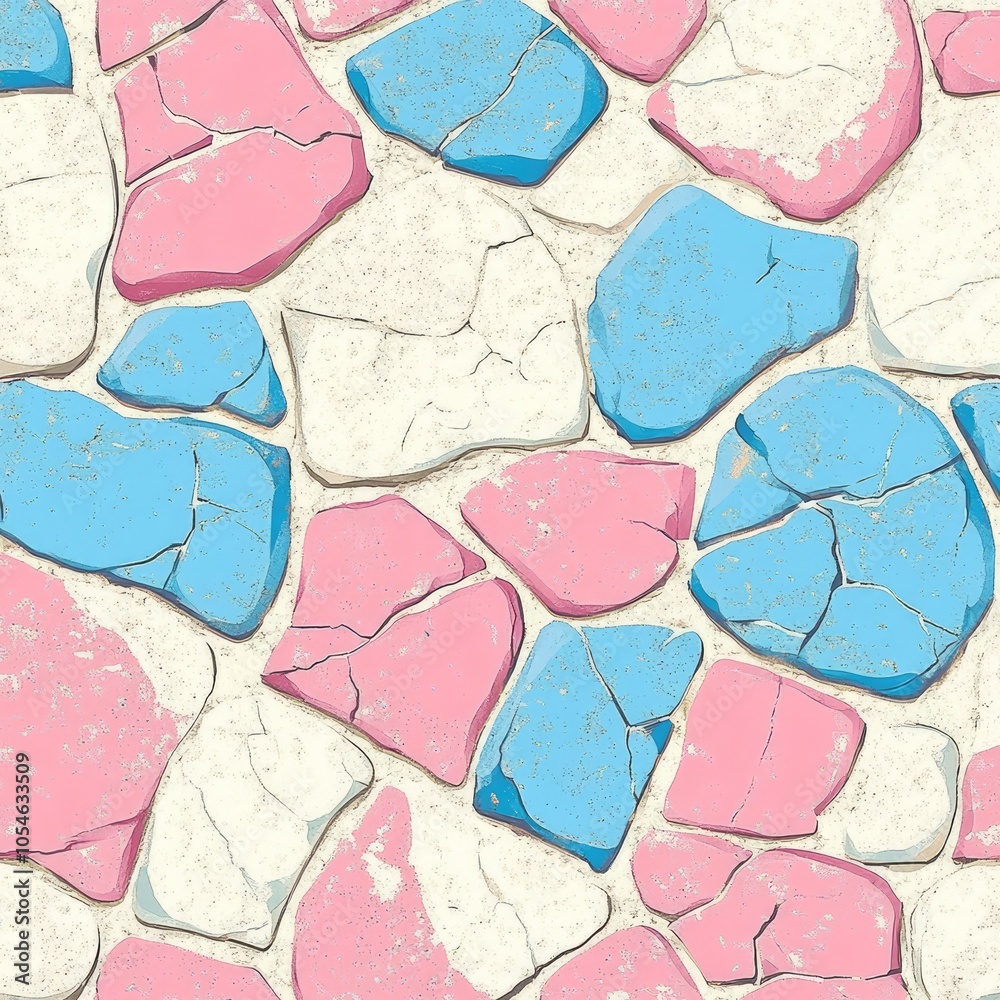 Fototapeta premium A textured pattern of cracked stones in pink, blue, and white colors.